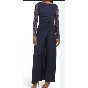 Marina‎ Made In Usa Embellished Sleeve Ruched Jumpsuit Size 24W Navy Blue